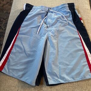 Blue and Navy Swim Shorts with Red and White Stripes
